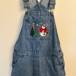Christmas Denim Overalls with Snowman Embroidery